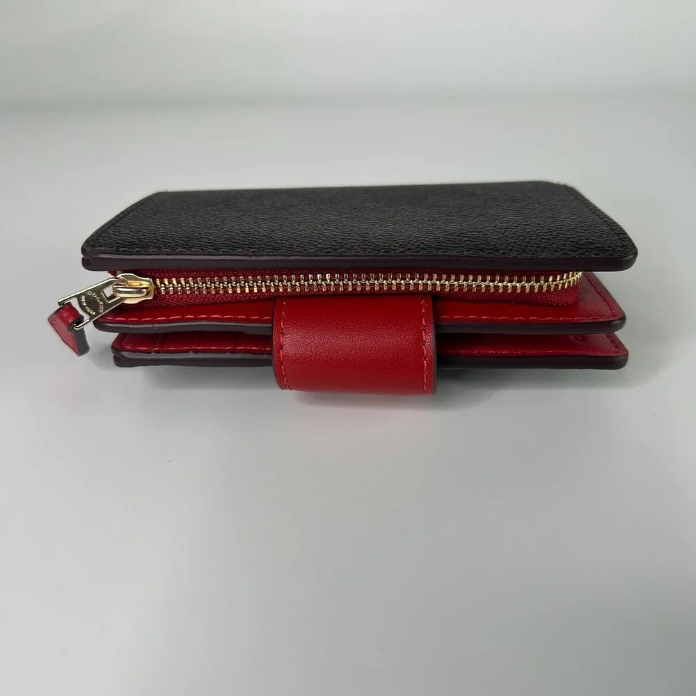 Coach Medium Corner Zip Wallet Walnut Bold Red Signature Canvas NEW